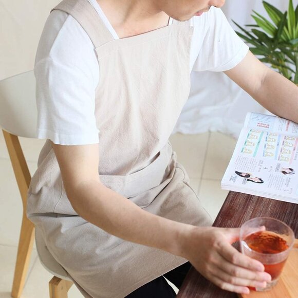 Japanese Linen Cross Back Kitchen Cooking Aprons for Men with Pockets for Baking - Picture 5 of 6